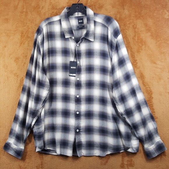 HUGO BOSS Shirt Mens XXL Black Plaid Check Button Up Flannel Liam Kent $158 - Picture 2 of 9